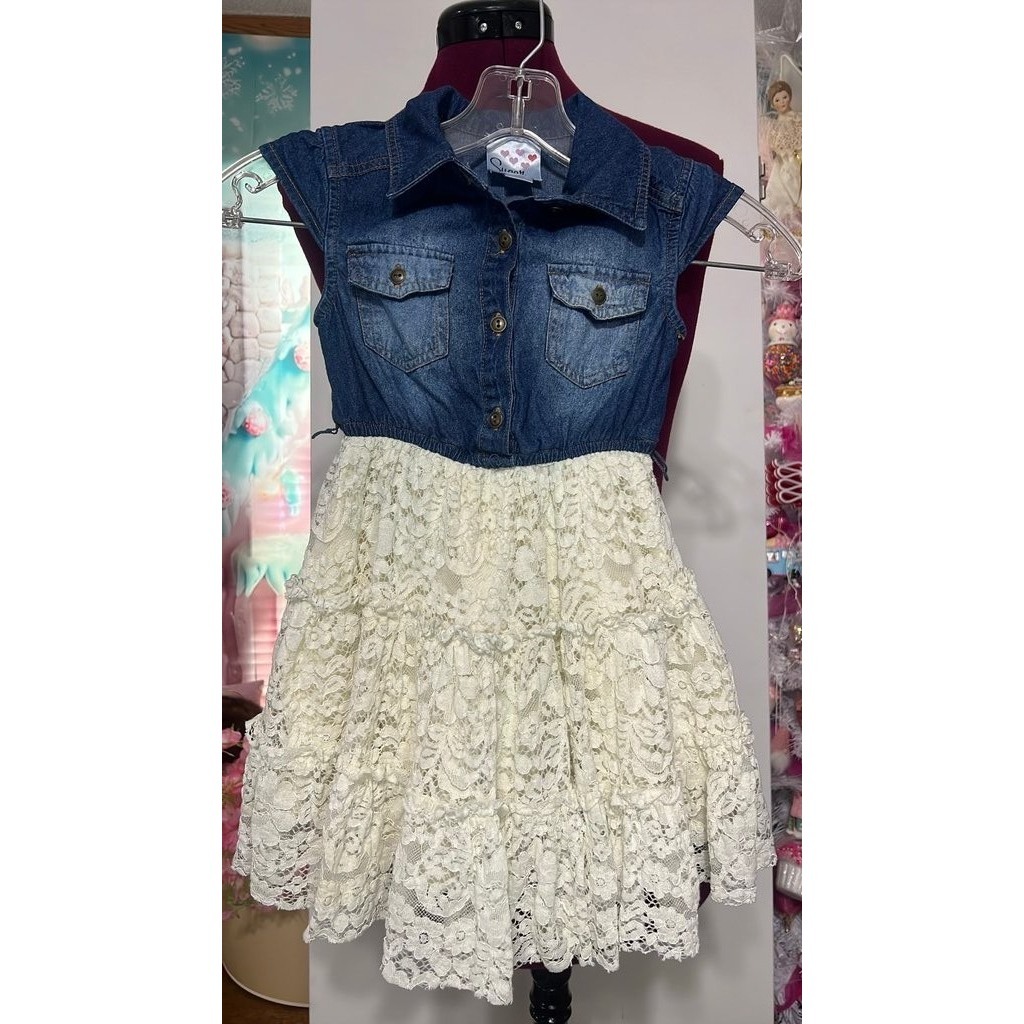 Sugar California Dress Kids Xs Blue Cream Good Denim Lace Tiered Sleeveless Boho